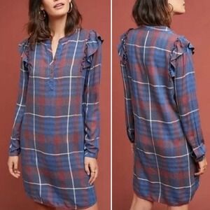 Anthropologie Cloth & Stone Plaid Shirt Dress‎ XS red blue shift ruffle mini
